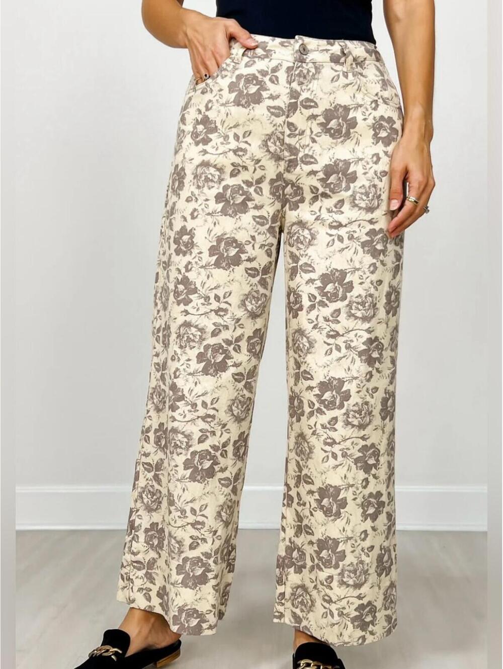 NWT ENTRO Floral print ankle-length Pants Cream/ecru Sz Lg